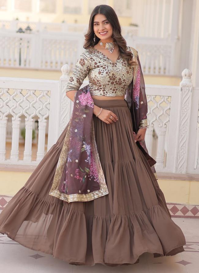 Faux Georgette Biege Party Wear Sequence Embroidery Work Readymade Lehenga Choli